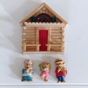 Log Cabin with Bear Family by Nobel Hall Vintage  Refrigerator Magnets